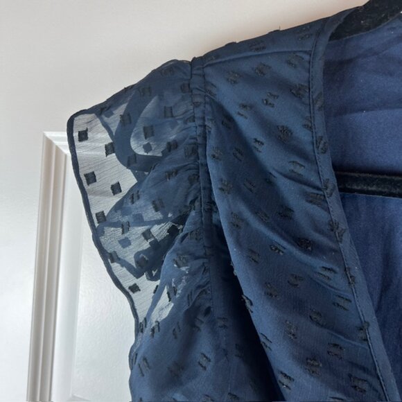 Walter Baker Navy Ruffle Jumpsuit XS Flutter Sleeve Swiss Dot Sheer Overlay - Picture 9 of 12